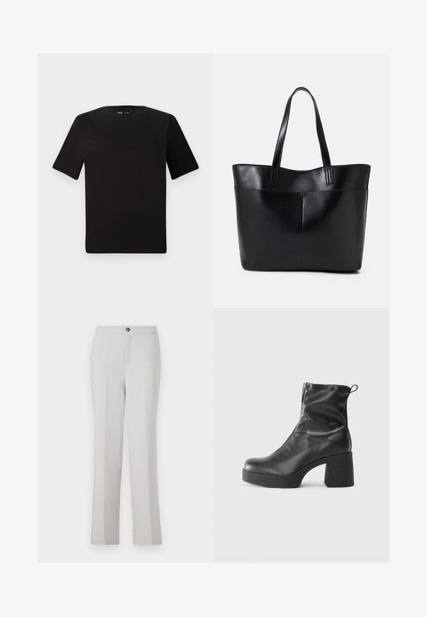 Black short-sleeve t-shirt with a round neckline, crafted from soft cotton fabric. Simple design, no visible logos or patterns.; Light grey straight-leg trousers made of smooth fabric, featuring a front button closure, side pockets, and a tailored fit.; Black ankle boots made of smooth leather, featuring a side zipper, chunky textured heel, and rounded toe design.; Black leather tote bag with two long handles, a smooth texture, and a structured shape. Features a front pocket for additional storage.