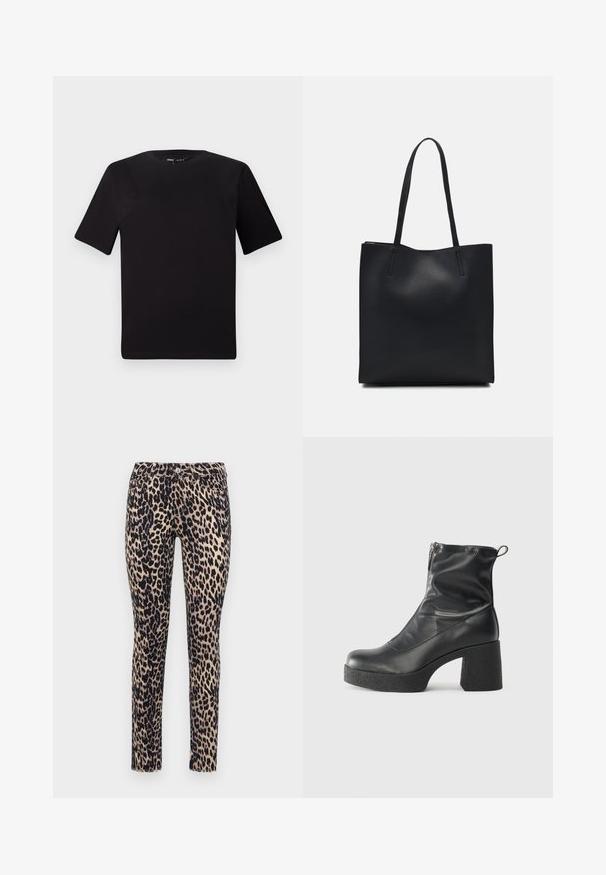 Musta lyhythihainen t-paita pyöreällä kaula-aukolla, valmistettu pehmeästä puuvillakankaasta. Yksinkertainen malli, ei näkyviä logoja tai kuvioita.; Kapeilla leopardikuosiset skinny-farkut vaalealla pohjalla, mustilla täplillä, viidellä taskulla ja edessä napilla suljettuna. Valmistettu pehmeästä kankaasta.; Mustat nilkkurit, jotka on valmistettu sileästä nahasta. Niissä on sivuvetoketju, paksu teksturoitu korko ja pyöristetty kärki.; Mustapahkainen kangaskassi, jossa on sileä pinta, suorakaiteen muotoinen ja kaksi pitkää kahvaa. Ei näkyvää metalliosaa tai koristeita.