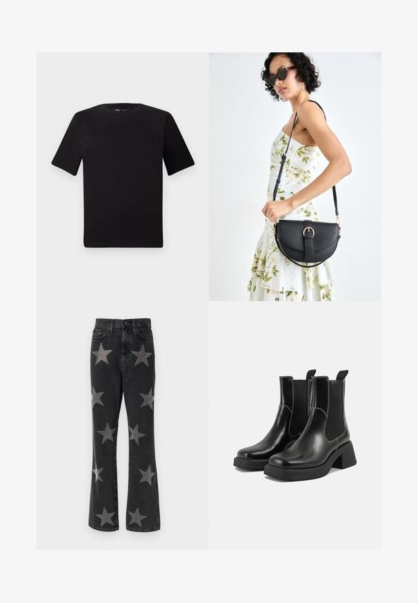 Must olema lühikeste varrukatega must t-särk ümmarguse kaelusega, valmistatud pehmest puuvillast kangast. Lihtne disain, ilma nähtavate logode või mustriteta.; Mustad denim flared teksad, millel on erineva suurusega hõbedased tähesädelused. Kõrge vöökohaga disain koos taskute ja nupulukuga.; Must musta Chelsea saapad, millel on paks konts, elastsed külgpaneelid ja kontrastne valge õmblus. Tekstuuriga viimistlus.; Mustmust mustraha kõverate joontega, eemaldatava rihmaga ja kuldsete detailidega. Kotil on klapp, millel on pandladetail.; Hõbedased rõngaskõrvarõngad, millel on sujuv ja ümar disain, millel on sile pind ja nähtavad kaunistused puuduvad. Diameeter ei ole täpsustatud.