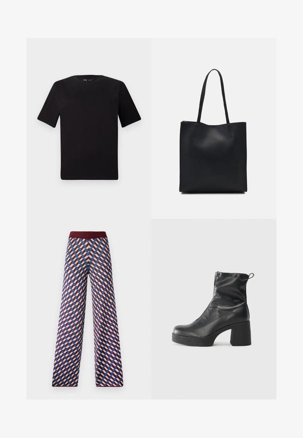 T-shirt noir à manches courtes avec un col rond, fabriqué en coton doux. Design simple, sans logos ni motifs visibles.; Pantalons larges à motifs avec une taille bordeaux, présentant un design géométrique en rouge, bleu et crème, texture de tissu tissé.; Bottes noires à la cheville en cuir lisse, dotées d'une fermeture éclair sur le côté, d'un talon épais texturé et d'une conception à bout rond.; Sac fourre-tout en cuir noir avec une texture lisse, de forme rectangulaire et deux longues poignées. Pas de matériel ou d'ornementations visibles.