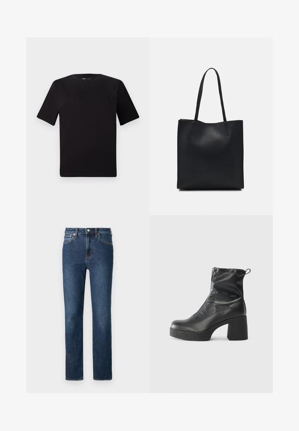 Black short-sleeve t-shirt with a round neckline, crafted from soft cotton fabric. Simple design, no visible logos or patterns.; Dark blue denim jeans with a straight leg design, featuring a button and zipper closure, and orange stitching accents.; Black ankle boots made of smooth leather, featuring a side zipper, chunky textured heel, and rounded toe design.; Black leather tote bag with smooth texture, rectangular shape, and two long handles. No visible hardware or embellishments.