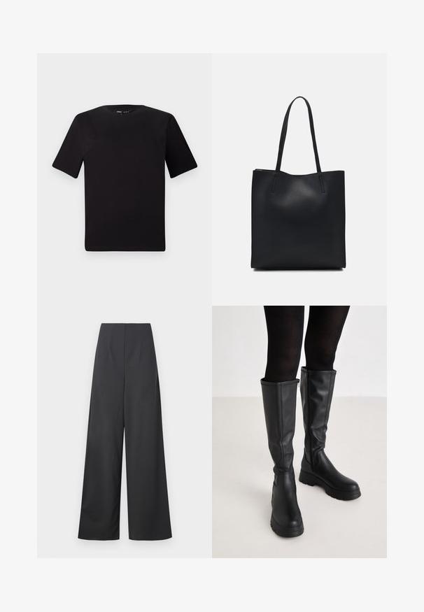 Crna majica kratkih rukava s okruglim izrezom, izrađena od mekane pamučne tkanine. Jednostavan dizajn, bez vidljivih logotipa ili uzoraka.; Hlače visoke pete širokih nogavica u tamnosivom materijalu s glatkom teksturom. Nemaju vidljive džepove niti ukrase.; Even&Odd Čizme s platformom - black; Crna kožna torba za nošenje s glatkom teksturom, pravokutnim oblikom i dvije duge ručke. Nema vidljivih metalnih dijelova ili ukrasa.