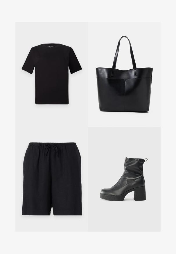 Svart t-skjorte med korte ermer og rund hals, laget av mykt bomullsstoff. Enkelt design, ingen synlige logoer eller mønstre.; Sorte shorts laget av lett stoff med elastisk linning og snøring. Har et enkelt design og knelangt kutt.; Svarte ankelstøvler laget av glatt lær, med glidelås på siden, chunky strukturert hæl, og rund tå-design.; Svart lær toteveske med to lange håndtak, en glatt tekstur og en strukturert form. Har en frontlomme for ekstra oppbevaring.