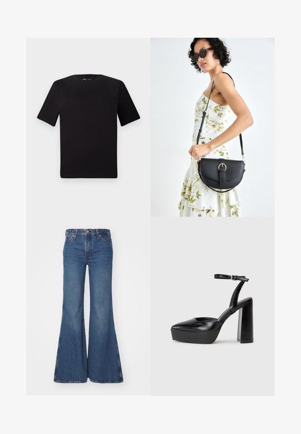 T-shirt noir à manches courtes avec un col rond, fabriqué en coton doux. Design simple, sans logos ni motifs visibles.; Jean en denim bleu évasé avec taille haute, dotés d'une fermeture à bouton, de cinq poches et d'une texture légèrement délavée sur les jambes.; Escarpins noirs à plateforme avec un bout pointu et une sangle réglable à la cheville. Conçus en cuir lisse, avec un large talon bloc.; Sac à main en cuir noir avec une forme courbée, bandoulière amovible et des accessoires en or. Le sac est doté d'un rabat avec un détail de boucle.