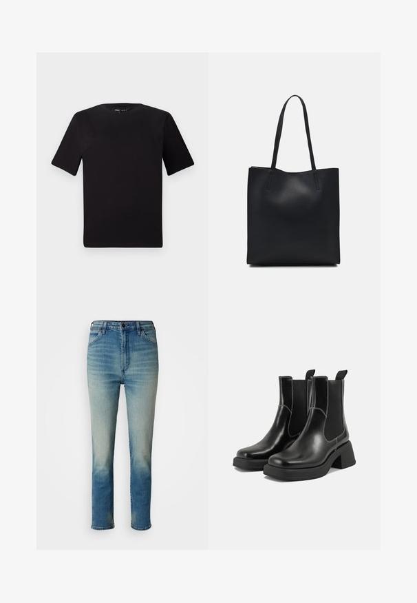 Must olema lühikeste varrukatega must t-särk ümmarguse kaelusega, valmistatud pehmest puuvillast kangast. Lihtne disain, ilma nähtavate logode või mustriteta.; Heledad sinised teksad otse lõikega, keskmise tõusuga vöökoht, klassikaline viie tasku disain ja õrn pleekimine jalgadel.; Must musta Chelsea saapad, millel on paks konts, elastsed külgpaneelid ja kontrastne valge õmblus. Tekstuuriga viimistlus.; Mustast nahast kott sujuva tekstuuriga, ristkülikukujuline ja kahe pika sangaga. Pole nähtavat riistvara ega kaunistusi.