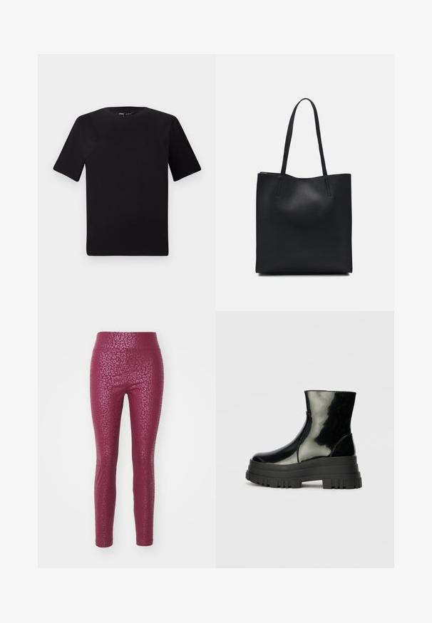Camiseta negra de manga corta con cuello redondo, fabricada en suave algodón. Diseño simple, sin logos ni patrones visibles.; Leggings ajustados de color burdeos con un patrón de estampado de leopardo texturizado, con una cintura alta y un acabado suave.; Botín negro brillante hasta el tobillo con suela gruesa y redondeada, vista lateral sobre un fondo gris claro liso.; Bolso tote de cuero negro con textura lisa, forma rectangular y dos asas largas. Sin herrajes ni adornos visibles.