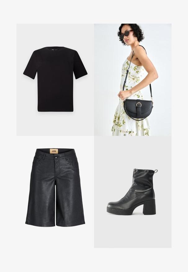 Svart t-skjorte med korte ermer og rund hals, laget av mykt bomullsstoff. Enkelt design, ingen synlige logoer eller mønstre.; Svarte faux skinnshorts med flat front, knappeåpning og skrå lommer. Har en jevn tekstur og design som går til kneet.; Svarte ankelstøvler laget av glatt lær, med glidelås på siden, chunky strukturert hæl, og rund tå-design.; Svart lærveske med en buet form, avtagbar stropp og gullbeslag. Vesken har et klaff med spenne-detall.