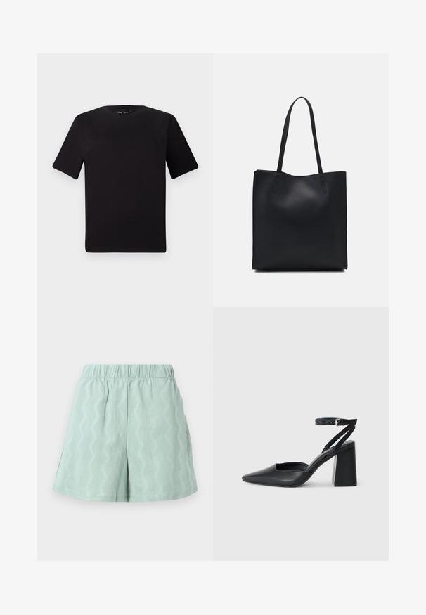 Black short-sleeve t-shirt with a round neckline, crafted from soft cotton fabric. Simple design, no visible logos or patterns.; Light green, textured shorts with an elastic waistband and zigzag pattern. Features side slits for added comfort and airflow.; Black leather pointy-toe pump with an ankle strap and a chunky heel. Flat texture, sleek design, and minimalistic aesthetics.; Black leather tote bag with smooth texture, rectangular shape, and two long handles. No visible hardware or embellishments.
