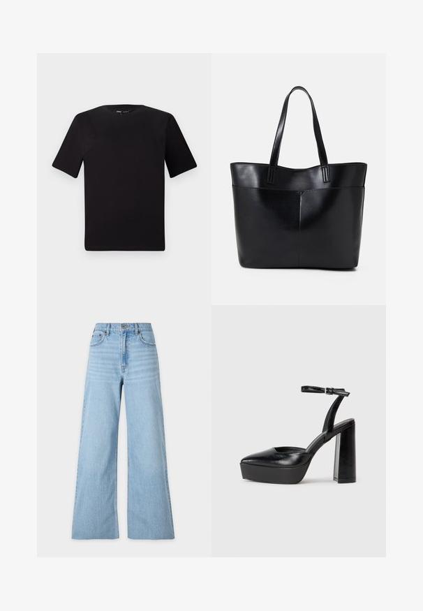 Black short-sleeve t-shirt with a round neckline, crafted from soft cotton fabric. Simple design, no visible logos or patterns.; Light blue wide-leg jeans made of denim. High waist, two front pockets, and a faded finish with subtle texture. Stitching along the seams.; Black platform heels with a pointed toe and adjustable ankle strap. Constructed from smooth leather, featuring a chunky block heel.; Black leather tote bag with two long handles, a smooth texture, and a structured shape. Features a front pocket for additional storage.