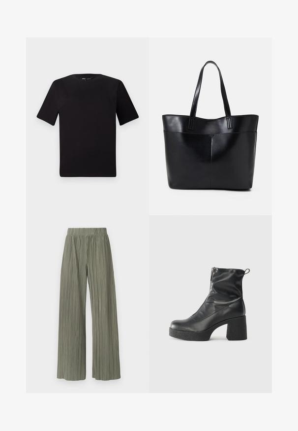 Juodas trumpas rankovės marškinėlis su apvaliu iškirpimu, pagamintas iš minkštos medvilnės medžiagos. Paprastas dizainas, be matomų logotipų ar raštų.; Žalios plisuotos plačios kelnes su elastingu juosmeniu, turinčios vertikalius raukšles ir švelnų tekstūrą. Audinys turi lygų, sklandų išvaizdą.; Juodos kulkšninių botai, pagaminti iš lygaus odos, su šoniniu užtrauktuku, masyviu tekstūruotu kulnu ir apvaliu pirštu.; Juoda odinė rankinė su dviem ilgais diržais, lygiu paviršiumi ir struktūrizuota forma. Yra priekinė kišenė papildomam saugojimui.