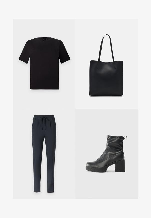 Schwarzes T-Shirt mit kurzen Ärmeln und Rundhalsausschnitt, aus weichem Baumwollmaterial gefertigt. Schlichtes Design, keine sichtbaren Logos oder Muster.; Dunkelblaue Slim-Fit-Hosen mit einem verstellbaren Bund, aus einem weichen, dehnbaren Stoff gefertigt. Sie verfügen über eine flache Vorderseite und ein tailliertes Bein.; Schwarze Stiefeletten aus glattem Leder mit seitlichem Reißverschluss, klobigem strukturiertem Absatz und runder Zehenform.; Schwarze Laptoptasche aus Leder mit glatter Textur, rechteckiger Form und zwei langen Griffen. Keine sichtbaren Beschläge oder Verzierungen.
