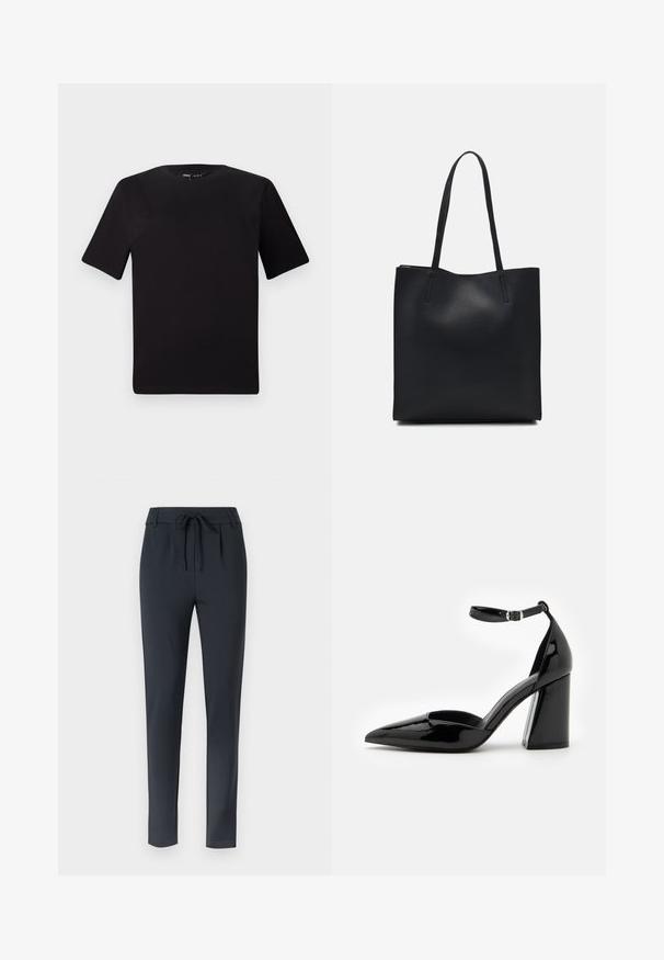 Juodas trumpas rankovės marškinėlis su apvaliu iškirpimu, pagamintas iš minkštos medvilnės medžiagos. Paprastas dizainas, be matomų logotipų ar raštų.; Tamsiai mėlynos, prigludusios kelnės su raišteliu, pagamintos iš minkštos, elastingos medžiagos, su lygiu priekiu ir siaurėjančiu modeliu.; Juodas lakinės odos aukštakulnis batelis su smailiu pirštu, kulkšnies dirželiu ir plačiu bloku, užtikrinančiu stabilumą, su lygiu blizgiu paviršiumi.; Juodas odinis tote krepšys su lygia tekstūra, stačiakampio formos ir dviem ilgais rankenomis. Matomų metalinių detalių ar puošybos nėra.