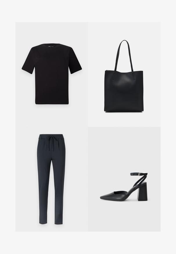 Tricou scurt negru cu mânecă scurtă și guler rotund, realizat dintr-un material de bumbac moale. Design simplu, fără logo-uri sau modele vizibile.; Pantaloni slim-fit de culoare albastru închis, cu talie cu cordon, fabricați dintr-un material moale și elastic, având un design cu față plată și picior îngustat.; Pantofii cu toc ascuțit din piele neagră, cu breteaua pentru glezne și toc gros. Textură netedă, design elegant și estetică minimală.; Geantă tote neagră din piele, cu textură netedă, formă rectangulară și două mânere lungi. Fără hardware vizibil sau ornamente.