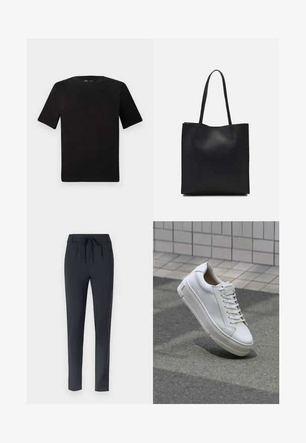 Fekete, rövid ujjú póló, kerek nyakkal, puha pamutból készült. Egyszerű dizájn, nincs látható logó vagy minta.; Sötétkék, karcsú fazonú nadrág, húzózsinórral a deréknál, puha, rugalmas anyagból készült, lapos elülső résszel és szűkülő lábú fazonnal.; Fehér bőr sportcipő alacsony dizájnnal, lapos fűzőkkel, lekerekített orral és texturált oldalakkal. Vastag gumitalp finom részletekkel.; Fekete bőrtáska sima felszínnel, téglalap alakú, két hosszú füllel. Nincs látható fémkiegészítő vagy díszítés.