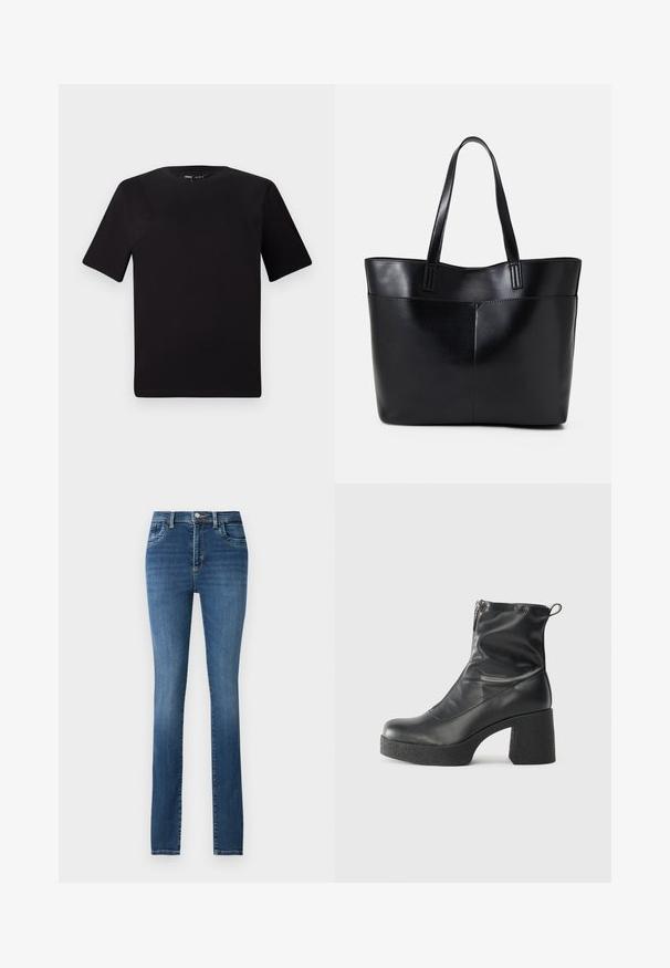 Fekete, rövid ujjú póló, kerek nyakkal, puha pamutból készült. Egyszerű dizájn, nincs látható logó vagy minta.; Kék farmernadrág, egyenes szabással, öt zsebbels, gombbal és cipzárral záródik, megfakult mosással és diszkrét gyűrődés részletekkel.; Fekete bokacsizmák sima bőrből, oldalsó cipzárral, vastag, texturált sarkú és lekerekített orrú dizájnnal.; Fekete bőr bevásárlótáska két hosszú fogantyúval, sima felülettel és strukturált formával. Elülső zseb található rajta a plusz tárolás érdekében.
