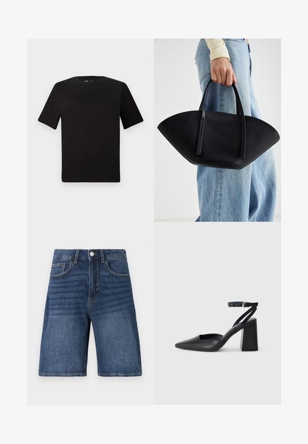 Melnas īsām piedurknēm T-krekls ar apaļu kakla izgriezumu, izgatavots no mīksta kokvilnas auduma. Vienkāršs dizains, bez redzamām logo vai rakstiem.; Tumši zili džinsu šorti ar klasisku piecu kabatu dizainu, taisnu griezumu, redzamām šuvēm un priekšējo pogu aizdari.; Melna ādas augstpapēžu kurpe ar norakstīto purngala formu, potītes siksniņu un masīlu papēdi. Gluda tekstūra, elegants dizains un minimālisma estētika.; Melnas ādas rokassoma ar unikālu ventilatora formu, aprīkota ar plakaniem rokturiem. Virsma ir ar graudainu faktūru un minimālistisku dizainu.