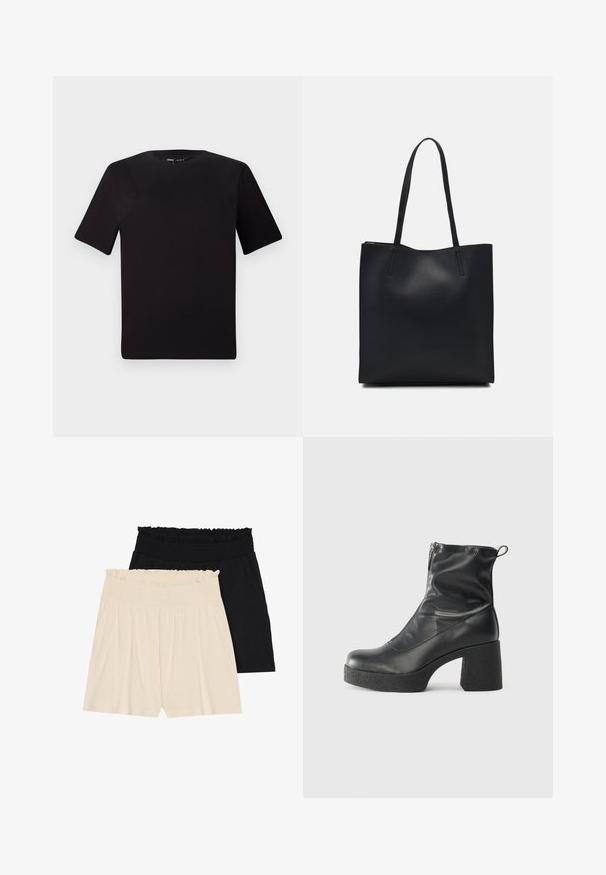 Svart t-skjorte med korte ermer og rund hals, laget av mykt bomullsstoff. Enkelt design, ingen synlige logoer eller mønstre.; To par av avslappede shorts: en kremfarget og en svart, begge med rynkete elastiske midjebånd og mykt, lett stoff.; Svarte ankelstøvler laget av glatt lær, med glidelås på siden, chunky strukturert hæl, og rund tå-design.; Svart lær tote bag med glatt tekstur, rektangulær form og to lange håndtak. Ingen synlige deler eller dekorasjoner.