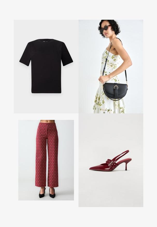 Zwarte T-shirt met korte mouwen en een ronde hals, gemaakt van zachte katoenstof. Eenvoudig ontwerp, geen zichtbare logo's of patronen.; Wijde broeken van stof met een rood en beige geometrisch patroon, met een hoge taille en een gestructureerde afwerking.; Rode gepatenteerde leren slingbackhakken met een spitse neus, twee gespsluitingen en een slanke, middelhoge stilettohak. Glad textuur.; Zwarte leren handtas met een gebogen vorm, afneembare schouderband en gouden hardware. De tas heeft een klep met een gespsluiting.