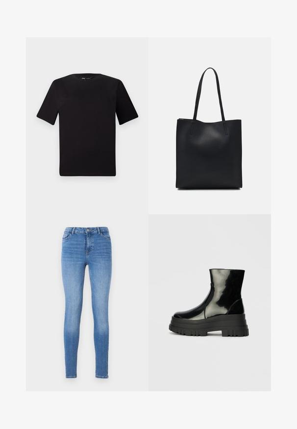 T-shirt preta de mangas curtas com decote redondo, feita de tecido de algodão suave. Design simples, sem logótipos ou padrões visíveis.; Jeans skinny em denim azul claro, com uma cintura média, design de cinco bolsos e costura tonal com uma textura suave.; Bota de tornozelo preta e brilhante com sola grossa e arredondada, vista lateral sobre fundo cinza claro.; Bolsa tote preta em couro com textura lisa, forma retangular e duas alças longas. Sem hardware ou enfeites visíveis.