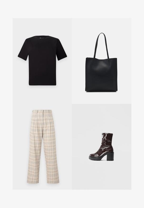 Schwarzes T-Shirt mit kurzen Ärmeln und Rundhalsausschnitt, aus weichem Baumwollmaterial gefertigt. Schlichtes Design, keine sichtbaren Logos oder Muster.; Beige karierte Hose mit weit geschnittenen Beinen, die ein dezentes Karomuster in Blau und Braun aufweist. Hergestellt aus leichtem Stoff, mit Falten am Bund.; Glatte bordeauxrote Ankle Boots mit einem klobigen schwarzen Absatz, die eine glatte Oberfläche und ein einfaches Design aufweisen. Keine sichtbaren Verschlüsse oder Muster.; Schwarze Laptoptasche aus Leder mit glatter Textur, rechteckiger Form und zwei langen Griffen. Keine sichtbaren Beschläge oder Verzierungen.
