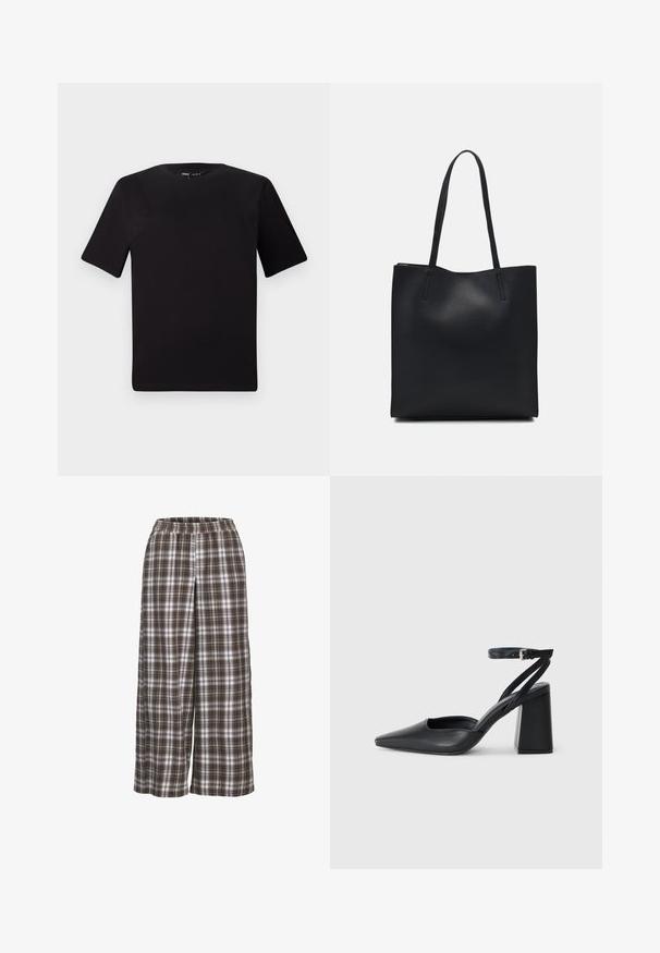 Black short-sleeve t-shirt with a round neckline, crafted from soft cotton fabric. Simple design, no visible logos or patterns.; Wide-leg plaid pants in brown, white, and gray; elastic waistband; soft fabric; features a classic check pattern.; Black leather pointy-toe pump with an ankle strap and a chunky heel. Flat texture, sleek design, and minimalistic aesthetics.; Black leather tote bag with smooth texture, rectangular shape, and two long handles. No visible hardware or embellishments.