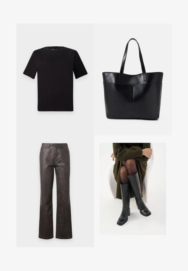 Black short-sleeve t-shirt with a round neckline, crafted from soft cotton fabric. Simple design, no visible logos or patterns.; Brown leather pants with a high waist, straight leg design, visible stitching accents, and five pockets. Smooth texture, minimal sheen.; Knee-high black leather boots with a squared toe and block heel, shown with a model seated in an olive green coat. Smooth texture, minimal detailing.; Black leather tote bag with two long handles, a smooth texture, and a structured shape. Features a front pocket for additional storage.