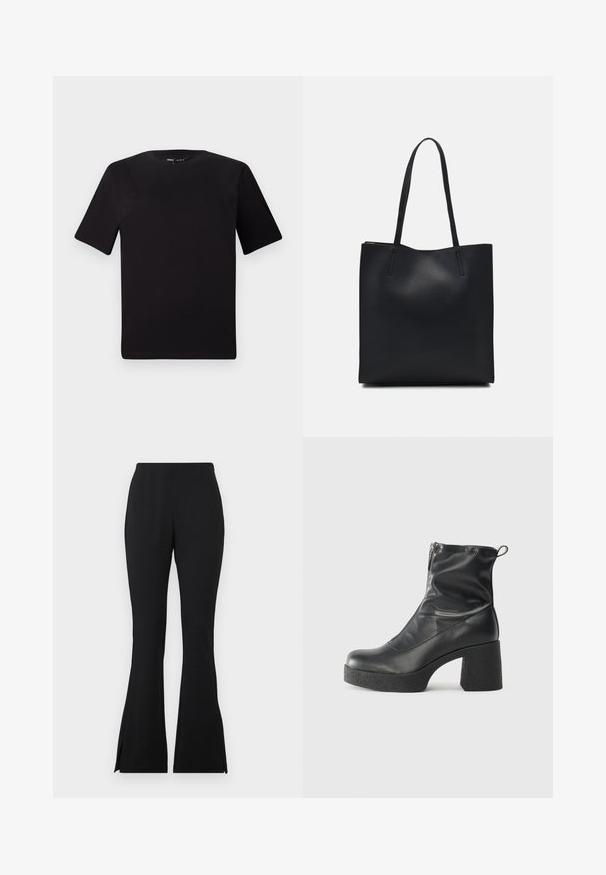 Crna majica kratkih rukava s okruglim izrezom, izrađena od mekane pamučne tkanine. Jednostavan dizajn, bez vidljivih logotipa ili uzoraka.; Crne široke hlače izrađene od glatkog, rastezljivog materijala. Imaju bočne proreze na rubu za dodatne detalje. Klasičan dizajn i svestran kroj.; Crne gležnjače od glatke kože, s bočnim zatvaračem, debelim teksturiranim potplatom i dizajnom s zaobljenim prstima.; Crna kožna torba za nošenje s glatkom teksturom, pravokutnim oblikom i dvije duge ručke. Nema vidljivih metalnih dijelova ili ukrasa.