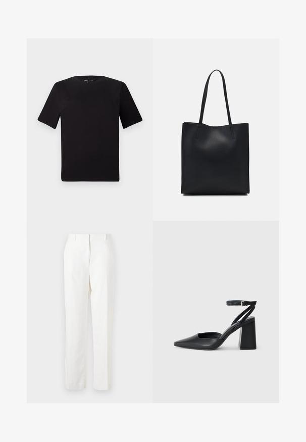 Svart t-skjorte med korte ermer og rund hals, laget av mykt bomullsstoff. Enkelt design, ingen synlige logoer eller mønstre.; Hvite, rette bukser laget av lett stoff med svak tekstur. Har frontlommer og en enkelt press for ekstra detalj.; Svart lær pumps med spiss tå, ankelrem og kraftig hæl. Flat tekstur, strømlinjeformet design og minimalisme.; Svart lær tote bag med glatt tekstur, rektangulær form og to lange håndtak. Ingen synlige deler eller dekorasjoner.