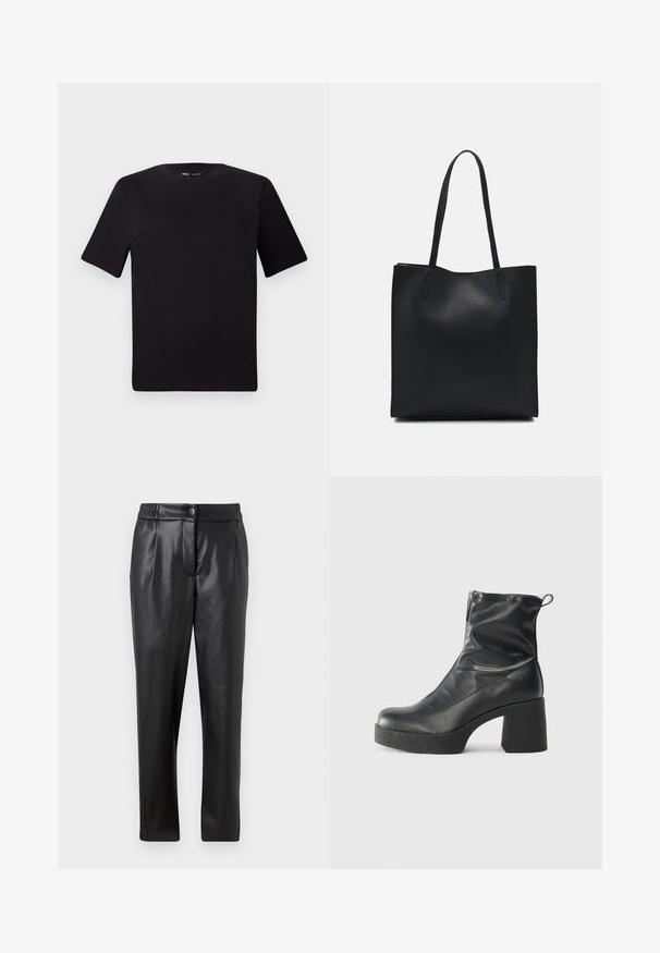 Must olema lühikeste varrukatega must t-särk ümmarguse kaelusega, valmistatud pehmest puuvillast kangast. Lihtne disain, ilma nähtavate logode või mustriteta.; Mustad nahkpüksid, millel on sile tekstuur, sirge lõige, elastne vöökoht ja esine nupuga sulgemine; volditud detailid ja kitsenevad sääred.; Mustad mustad ansapüksid, mis on valmistatud siledast nahast, külje zipperiga, paksu tekstuuriga kontsaga ja ümmarguse nina disainiga.; Mustast nahast kott sujuva tekstuuriga, ristkülikukujuline ja kahe pika sangaga. Pole nähtavat riistvara ega kaunistusi.