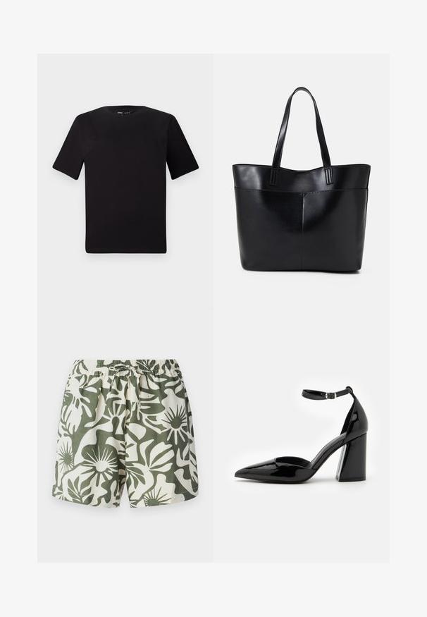 Svart t-skjorte med korte ermer og rund hals, laget av mykt bomullsstoff. Enkelt design, ingen synlige logoer eller mønstre.; Grønne og kremfargede shorts med blomstermønster, elastisk midjebånd og snøring, laget av lett materiale. Enkel design, løs passform.; Sorte lakksko med høy hæl, spiss tå, ankelrem og bred blokk hæl for stabilitet, med en glatt og blank overflate.; Svart lær toteveske med to lange håndtak, en glatt tekstur og en strukturert form. Har en frontlomme for ekstra oppbevaring.