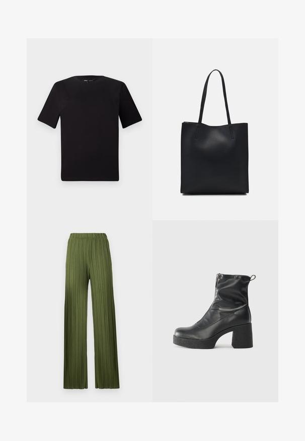 Črna majica s kratkimi rokavi in okroglim izrezom, izdelana iz mehkega bombažnega materiala. Preprost dizajn, brez vidnih logotipov ali vzorcev.; Zelene, nabrane široke hlače s elastičnim pasom. Teksturirana tkanina ima navpične črte za tekoč videz.; Črne gležnjarje iz gladke kože z božnim zadrgo, masivnim teksturiranim peto in zaobljeno obliko prstov.; Črna usnjena torba s svilnato teksturo, pravokotne oblike in dvema dolgima ročajema. Brez vidnih metalnih delov ali okrasnih elementov.