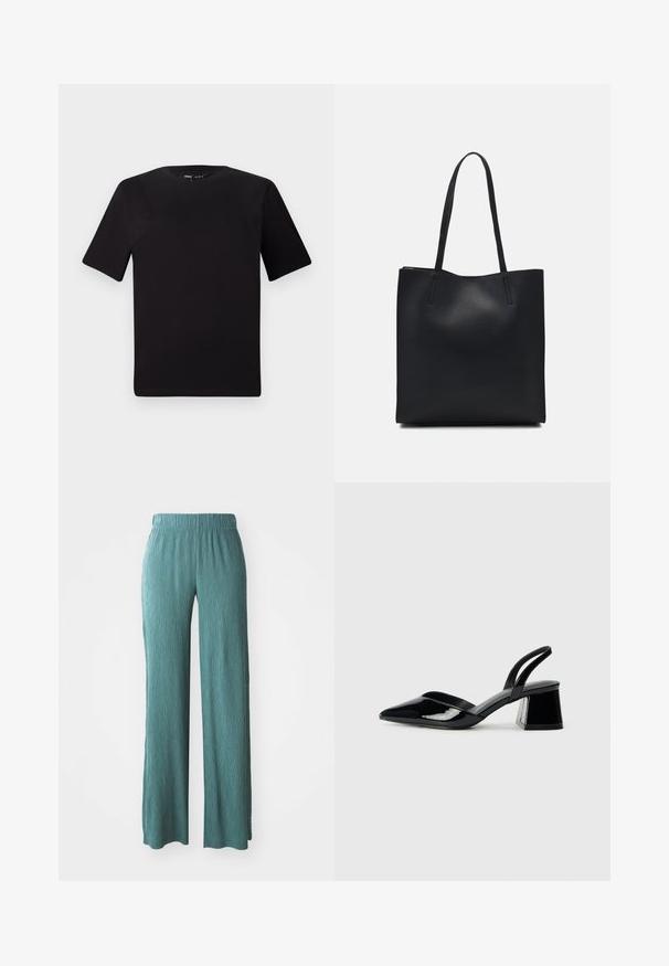 Schwarzes T-Shirt mit kurzen Ärmeln und Rundhalsausschnitt, aus weichem Baumwollmaterial gefertigt. Schlichtes Design, keine sichtbaren Logos oder Muster.; Helle tealfarbene, weite Hosen aus strukturiertem Stoff mit elastischem Bund, die eine entspannte Passform und geraden Schnitt bieten.; Schwarze Lackleder-Slingback-High Heels mit spitzem Schuh und einem geometrischen Blockabsatz. Verfügt über ein schlankes, minimalistisches Design und eine glatte Textur.; Schwarze Laptoptasche aus Leder mit glatter Textur, rechteckiger Form und zwei langen Griffen. Keine sichtbaren Beschläge oder Verzierungen.