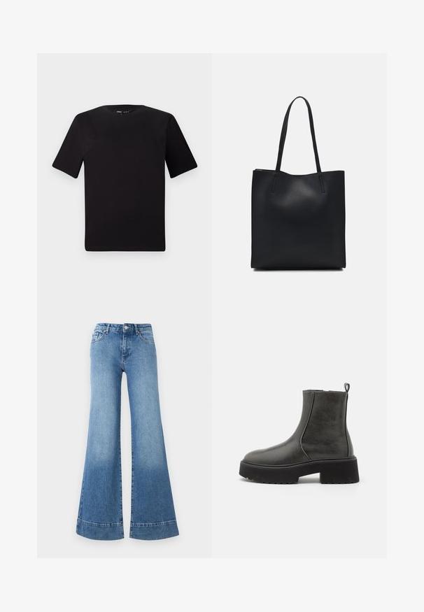 Must olema lühikeste varrukatega must t-särk ümmarguse kaelusega, valmistatud pehmest puuvillast kangast. Lihtne disain, ilma nähtavate logode või mustriteta.; Heledad sinine teksapüksid, millel on kõrge vöökoht, laiad jalad ja kerge pleekimine. Omab klassikalist viie-tasku disaini ja metallist nööbi sulgemist.; Mustad musta värvi ankle botiid, millel on siledast sünteetilisest materjalist ülemine osa, elastsed külgpaneelid, tõmmeeris ja paks kummine аллергиз.; Mustast nahast kott sujuva tekstuuriga, ristkülikukujuline ja kahe pika sangaga. Pole nähtavat riistvara ega kaunistusi.; Hõbedased tilgakujulised kõrvarõngad, millel on mitmed selged rhinestone'id, esitlevad kaskaadset disaini ja tekstuurseid pindasid, taustal neutraalne taust.