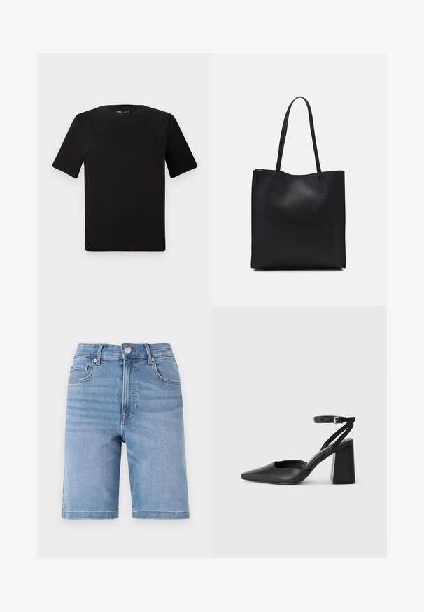 T-shirt preta de mangas curtas com decote redondo, feita de tecido de algodão suave. Design simples, sem logótipos ou padrões visíveis.; Calções de ganga azul claro com corte reto, design de cinco bolsos e fecho de botão metálico. Textura suave com desbotamento ligeiro.; Sandal com biqueira afilada em couro preto, com cinta no tornozelo e salto grosso. Textura lisa, design elegante e estética minimalista.; Bolsa tote preta em couro com textura lisa, forma retangular e duas alças longas. Sem hardware ou enfeites visíveis.