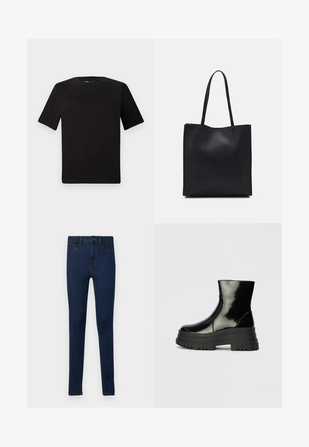 Fekete, rövid ujjú póló, kerek nyakkal, puha pamutból készült. Egyszerű dizájn, nincs látható logó vagy minta.; Sötét kék farmer skinny jeans, sima textúrával, klasszikus öt zsebes kialakítással és kontrasztos arany varrással.; Fekete fényes boka csizma vastag bordázott talppal és kerek orral, oldalnézet világos szürke háttér előtt.; Fekete bőrtáska sima felszínnel, téglalap alakú, két hosszú füllel. Nincs látható fémkiegészítő vagy díszítés.