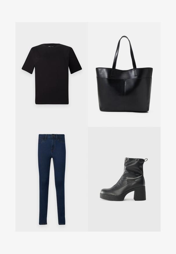 Melnas īsām piedurknēm T-krekls ar apaļu kakla izgriezumu, izgatavots no mīksta kokvilnas auduma. Vienkāršs dizains, bez redzamām logo vai rakstiem.; Tievās bikses tumši zilā džinsā ar gludu tekstūru, ar klasisku piecu kabatu dizainu un kontrastējošu zelta dūrienu.; Melni potītes zābaki, kas izgatavoti no gludas ādas, ar sānu rāvējslēdzēju, masīvu strukturētu papēdi un noapaļotu purngalu.; Melnas ādas iepirkumu soma ar divām garām rokturām, gludu tekstūru un strukturētu formu. Iekļauj priekšējo kabatu papildu uzglabāšanai.