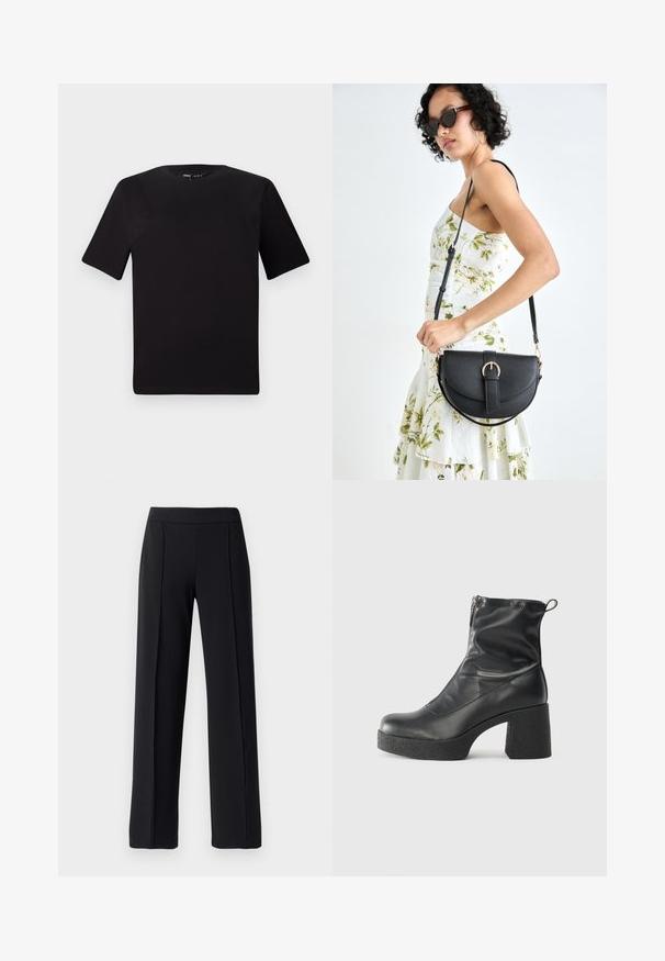 Melnas īsām piedurknēm T-krekls ar apaļu kakla izgriezumu, izgatavots no mīksta kokvilnas auduma. Vienkāršs dizains, bez redzamām logo vai rakstiem.; Melni piegrieztie bikses ar plašu kāju dizainu, izgatavoti no gludas, elastīgas auduma; iekļauj priekšējās krokas un elastīgu jostasvietu.; Melni potītes zābaki, kas izgatavoti no gludas ādas, ar sānu rāvējslēdzēju, masīvu strukturētu papēdi un noapaļotu purngalu.; Melnas ādas rokassoma ar izliekta formu, noņemamu siksnu un zelta aksesuāriem. Somai ir vāciņš ar sprādzes detaļu.