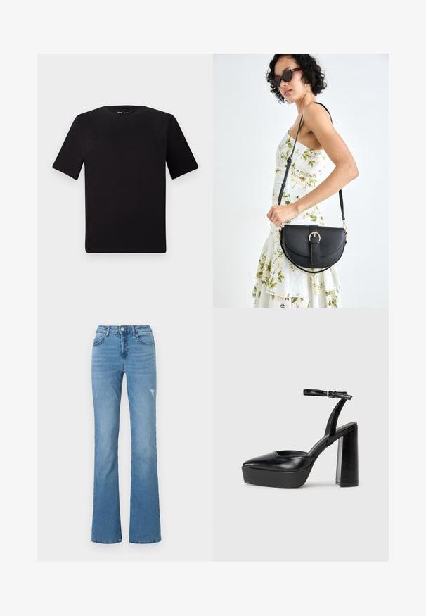 Črna majica s kratkimi rokavi in okroglim izrezom, izdelana iz mehkega bombažnega materiala. Preprost dizajn, brez vidnih logotipov ali vzorcev.; Svetlo modri flared jeans iz denima, ki imajo visok pas, pet žepov in diskretne raztrgane detajle na nogah.; Črne platforme z visokimi petami in koničastim nosom ter nastavljivim gležnjenjskim trakom. Narejene iz gladke usnje, s kockasto peto.; Črna usnjena torbica s ukrivljeno obliko, z odstranljivo naramnico in zlatimi dodatki. Torbica ima pokrov s podrobnostmi v obliki zaponke.