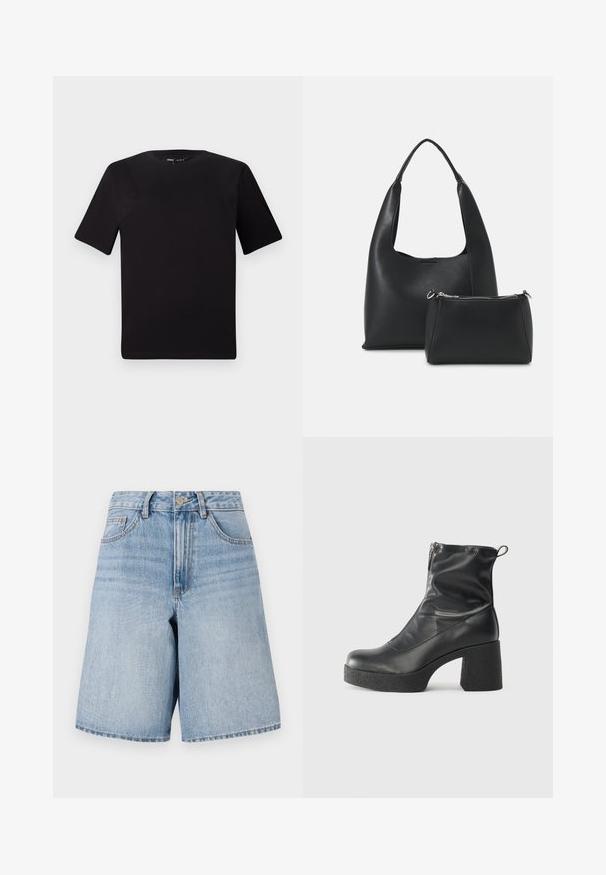 Čierne tričko s krátkym rukávom a okrúhlym výstrihom, vyrobené z mäkkej bavlny. Jednoduchý dizajn, bez viditeľných log alebo vzorov.; Svetlo modré džínsy s vysokým pásom, širokými nohavicami a prednými vreckami. Obsahuje horné zapínanie na gombík a rozopínanie na zips. Textúra s opotrebovaným vzhľadom.; Čierne členkové topánky z hladkej kože, so bočným zipsom, robustnou textúrovanou pätnou časťou a zaobleným dizajnom špičky.; Even&Odd Kabelka - black