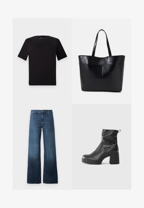 Svart kortärmad t-shirt med rund halsringning, tillverkad i mjukt bomullstyg. Enkelt mönster, utan synliga logotyper eller mönster.; Mörkblå vida jeans i denim med hög midja, femficksdesign och subtila blekningar vid fållen. Standard knappstängning.; Svarta ankelstövlar i slitstark läder, med sidodragkedja, kraftig strukturerad klack och rundad tådesign.; Svart läder tote-väska med två långa handtag, en slät yta och en strukturerad form. Har en framficka för extra förvaring.