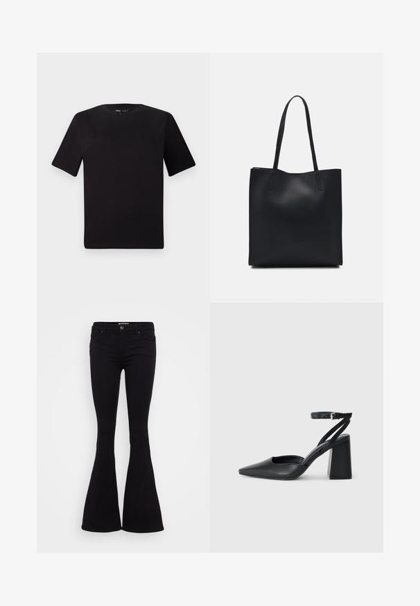 Sort kortærmet t-shirt med rund halsudskæring, lavet af blødt bomuldsstof. Enkel design, ingen synlige logoer eller mønstre.; Sorte flared jeans med en glat stof, medium taljehøjde, forlommer og en knaplukning. Nederdelen flarer ud i bunden.; Sort læder spidse pumps med ankelrem og en chunky hæl. Flad tekstur, slankt design og minimalistisk æstetik.; Sort læder tote taske med glat tekstur, rektangulær form og to lange hanke. Ingen synlig hardware eller udsmykninger.