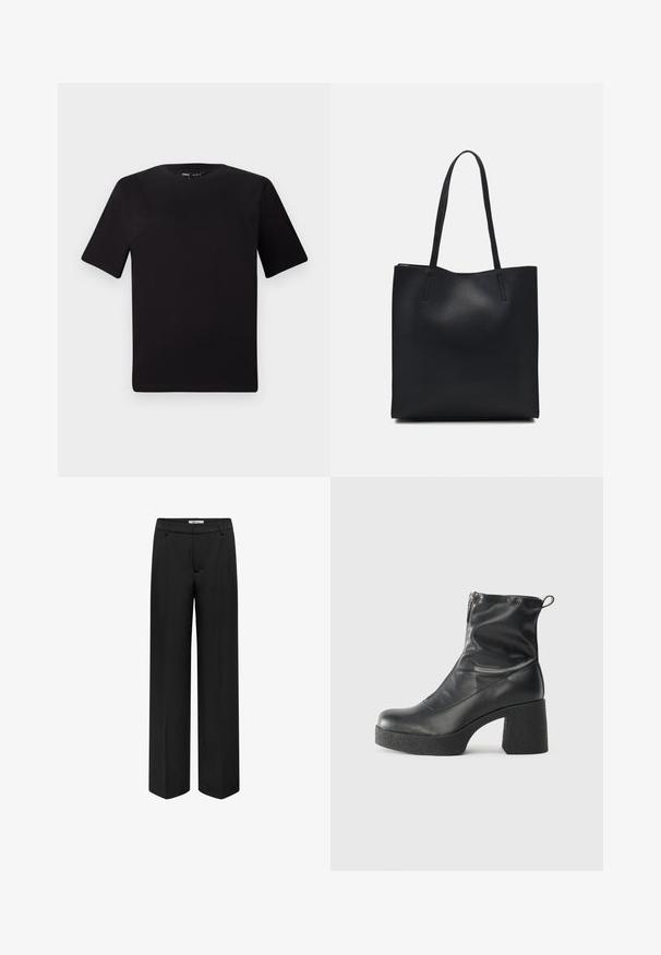 Svart t-skjorte med korte ermer og rund hals, laget av mykt bomullsstoff. Enkelt design, ingen synlige logoer eller mønstre.; ONLY BERRY HW WIDE TLR - Bukse - black; Svarte ankelstøvler laget av glatt lær, med glidelås på siden, chunky strukturert hæl, og rund tå-design.; Svart lær tote bag med glatt tekstur, rektangulær form og to lange håndtak. Ingen synlige deler eller dekorasjoner.
