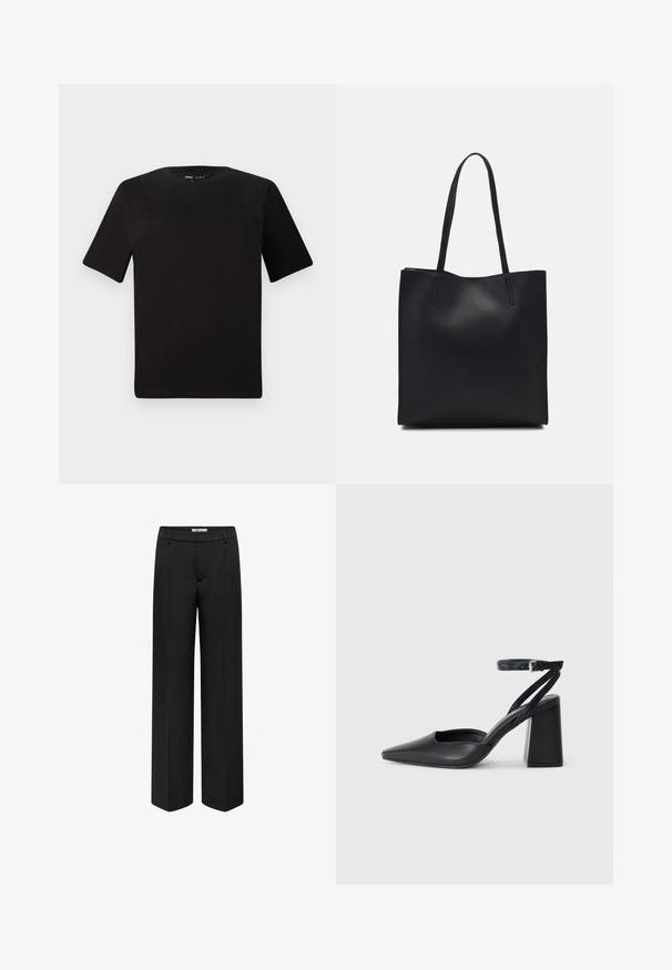 Fekete, rövid ujjú póló, kerek nyakkal, puha pamutból készült. Egyszerű dizájn, nincs látható logó vagy minta.; ONLY BERRY HW WIDE TLR - Nadrágok - black; Fekete bőr, hegyes orrú magassarkú cipő boka pánttal és vastag sarokkal. Sima textúra, elegáns dizájn és minimális esztétika.; Fekete bőrtáska sima felszínnel, téglalap alakú, két hosszú füllel. Nincs látható fémkiegészítő vagy díszítés.