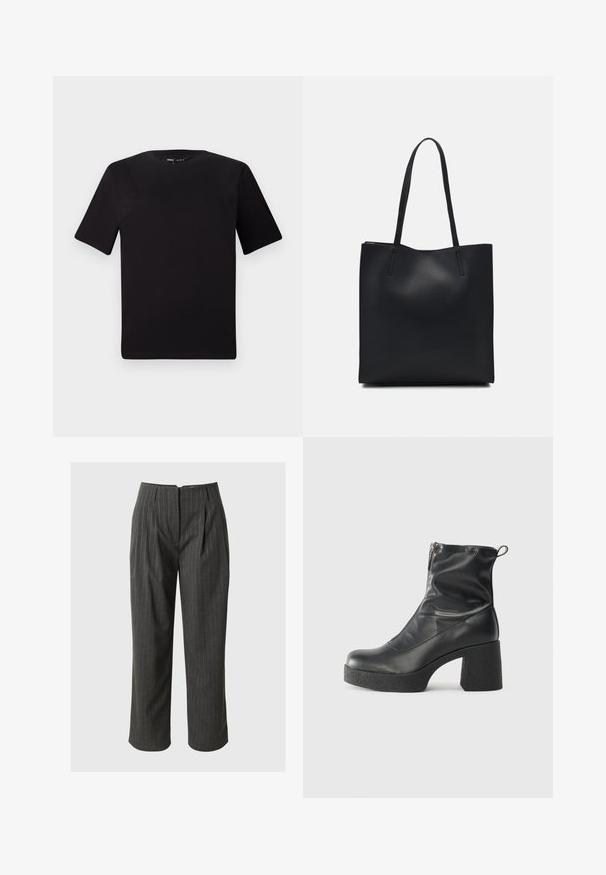 Black short-sleeve t-shirt with a round neckline, crafted from soft cotton fabric. Simple design, no visible logos or patterns.; Gray pinstripe trousers with a tailored fit, pleated front, and cropped hem. Made from woven fabric with a smooth texture.; Black ankle boots made of smooth leather, featuring a side zipper, chunky textured heel, and rounded toe design.; Black leather tote bag with smooth texture, rectangular shape, and two long handles. No visible hardware or embellishments.