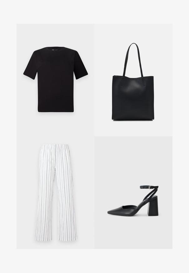T-shirt noir à manches courtes avec un col rond, fabriqué en coton doux. Design simple, sans logos ni motifs visibles.; Pantalons blancs avec des rayures verticales bleu, fabriqués en tissu léger. Équipés d'une taille élastique et de jambes larges et évasées.; Escarpin noir en cuir à bout pointu avec une bride de cheville et un talon épais. Texture lisse, design élégant et esthétique minimaliste.; Sac fourre-tout en cuir noir avec une texture lisse, de forme rectangulaire et deux longues poignées. Pas de matériel ou d'ornementations visibles.