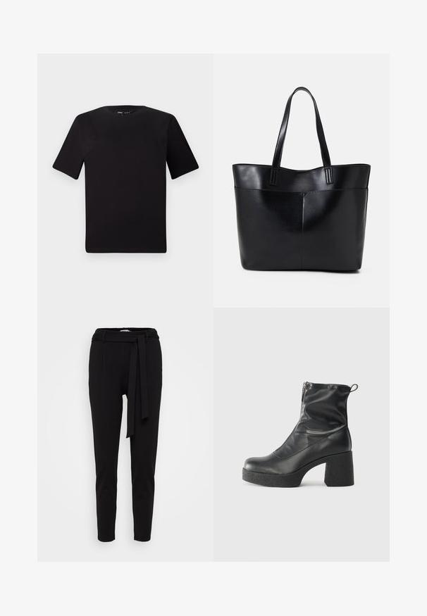 Černé tričko s krátkým rukávem a kulatým výstřihem, vyrobené z měkké bavlněné látky. Jednoduchý design, žádné viditelné logo nebo vzory.; Černé zúžené kalhoty vyrobené z měkké látky, s páskem z tkaniny a dvěma předními kapsami. Hladká textura a minimální design.; Černé kotníkové boty vyrobené z hladké kůže, s bočním zipem, robustním strukturovaným podpatkem a kulatou špičkou.; Černá kožená taška s dlouhými ušima, hladkým povrchem a strukturovaným tvarem. Obsahuje přední kapsu pro další úložný prostor.