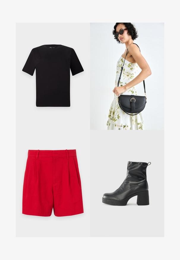 Melnas īsām piedurknēm T-krekls ar apaļu kakla izgriezumu, izgatavots no mīksta kokvilnas auduma. Vienkāršs dizains, bez redzamām logo vai rakstiem.; Sarkani linu šorti ar augstu jostasvietu, piedāvājot priekšu krokas, jostas cilpas un gludu tekstūru. Regulāra piegriezuma ar tīru, izstrādātu dizainu.; Melni potītes zābaki, kas izgatavoti no gludas ādas, ar sānu rāvējslēdzēju, masīvu strukturētu papēdi un noapaļotu purngalu.; Melnas ādas rokassoma ar izliekta formu, noņemamu siksnu un zelta aksesuāriem. Somai ir vāciņš ar sprādzes detaļu.