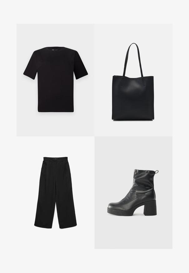 Fekete, rövid ujjú póló, kerek nyakkal, puha pamutból készült. Egyszerű dizájn, nincs látható logó vagy minta.; Fekete, bőszárú nadrág lapos elülső résszel, két hajtással és oldalzsebekkel. Sima anyagból készült, strukturált derékpánttal.; Fekete bokacsizmák sima bőrből, oldalsó cipzárral, vastag, texturált sarkú és lekerekített orrú dizájnnal.; Fekete bőrtáska sima felszínnel, téglalap alakú, két hosszú füllel. Nincs látható fémkiegészítő vagy díszítés.