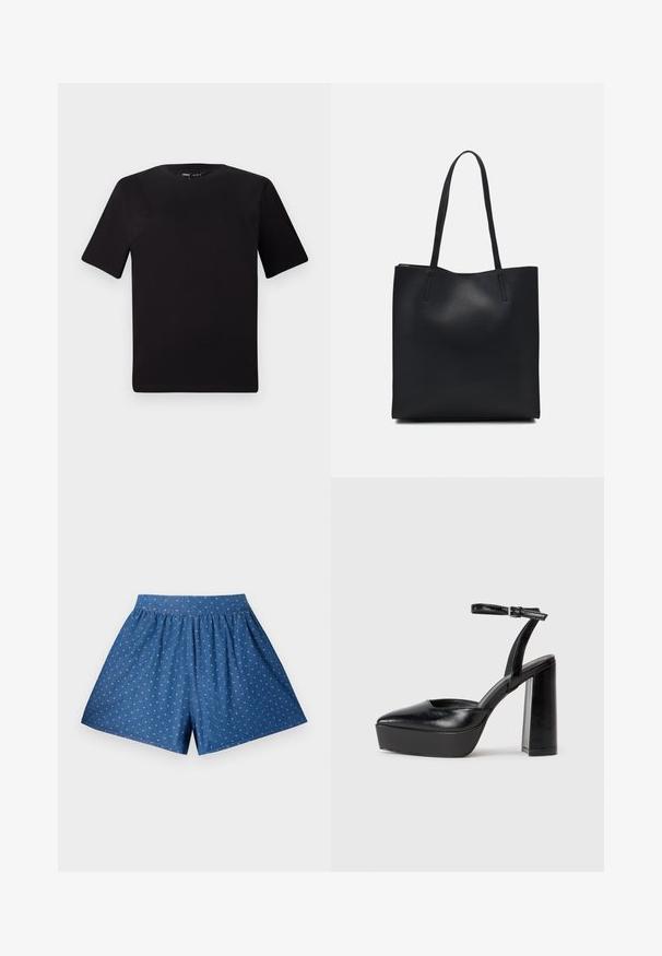 Fekete, rövid ujjú póló, kerek nyakkal, puha pamutból készült. Egyszerű dizájn, nincs látható logó vagy minta.; Kék farmer rövidnadrág, rugalmas derékkal és fehér pöttyös mintával. Lazán illeszkedik és térd hosszúságú. Sima textúra.; Fekete platform magassarkú cipők hegyes orral és állítható bokapánttal. Sima bőrből készült, vastag talppal.; Fekete bőrtáska sima felszínnel, téglalap alakú, két hosszú füllel. Nincs látható fémkiegészítő vagy díszítés.