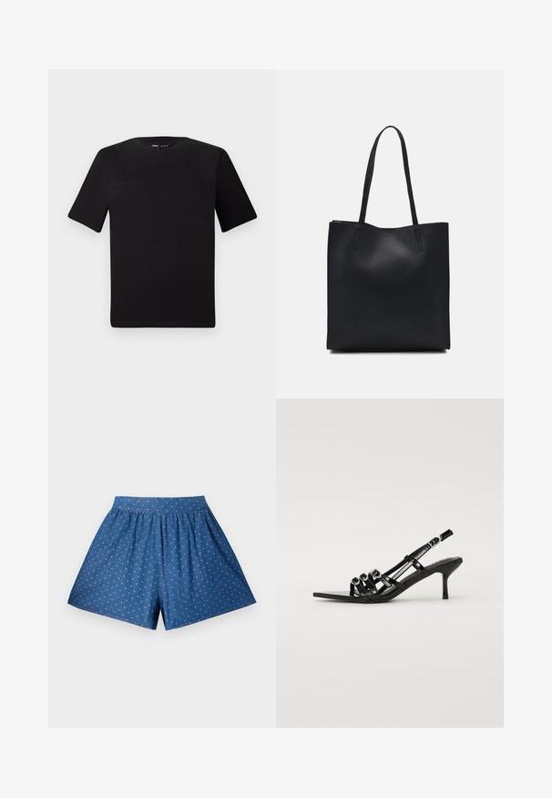 Fekete, rövid ujjú póló, kerek nyakkal, puha pamutból készült. Egyszerű dizájn, nincs látható logó vagy minta.; Kék farmer rövidnadrág, rugalmas derékkal és fehér pöttyös mintával. Lazán illeszkedik és térd hosszúságú. Sima textúra.; Fekete, pántos, magas sarkú cipő, hegyes orral, amelyen több keskeny pánt és kör alakú díszítések találhatók az elején.; Fekete bőrtáska sima felszínnel, téglalap alakú, két hosszú füllel. Nincs látható fémkiegészítő vagy díszítés.